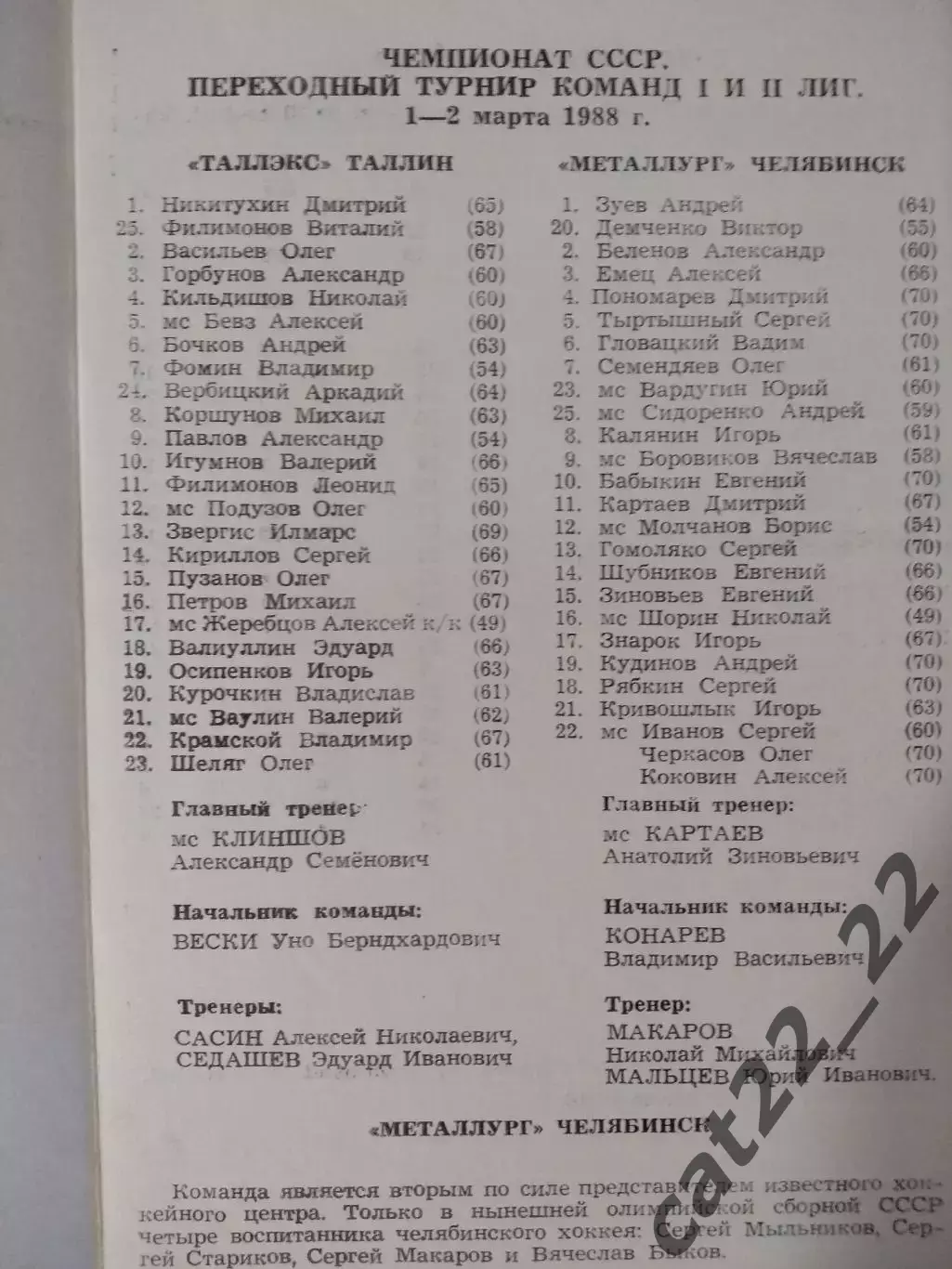 Таллэкс Таллин СССР/Эстония - Металлург Челябинск СССР/Россия 1987/1988 1