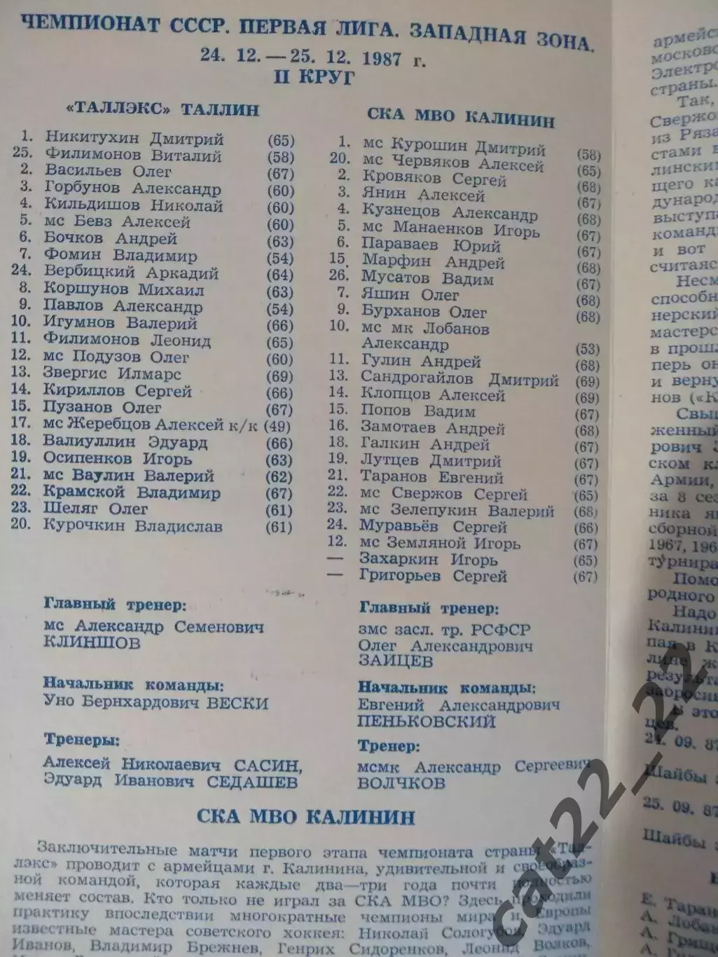 Таллэкс Таллин СССР/Эстония - СКА МВО Калинин/Тверь СССР/Россия 1987/1988 1