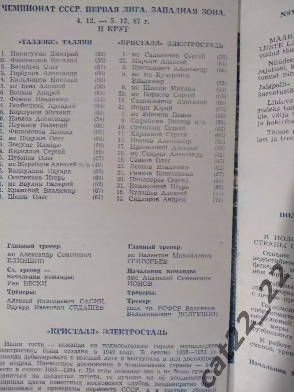 Таллэкс Таллин СССР/Эстония - Кристалл Электросталь СССР/Россия 1987/1988 1