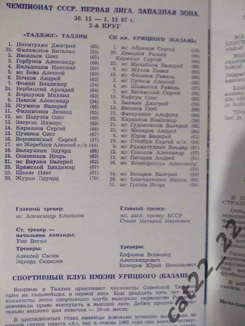 Таллэкс Таллин СССР/Эстония - СК им. Урицкого Казань СССР/Россия 1987/1988 1