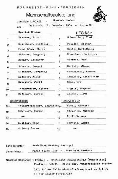 Кельн - Спартак 1984 протокол СКИДКИ до 30% СМОТРИ ОПИСАНИЕ!