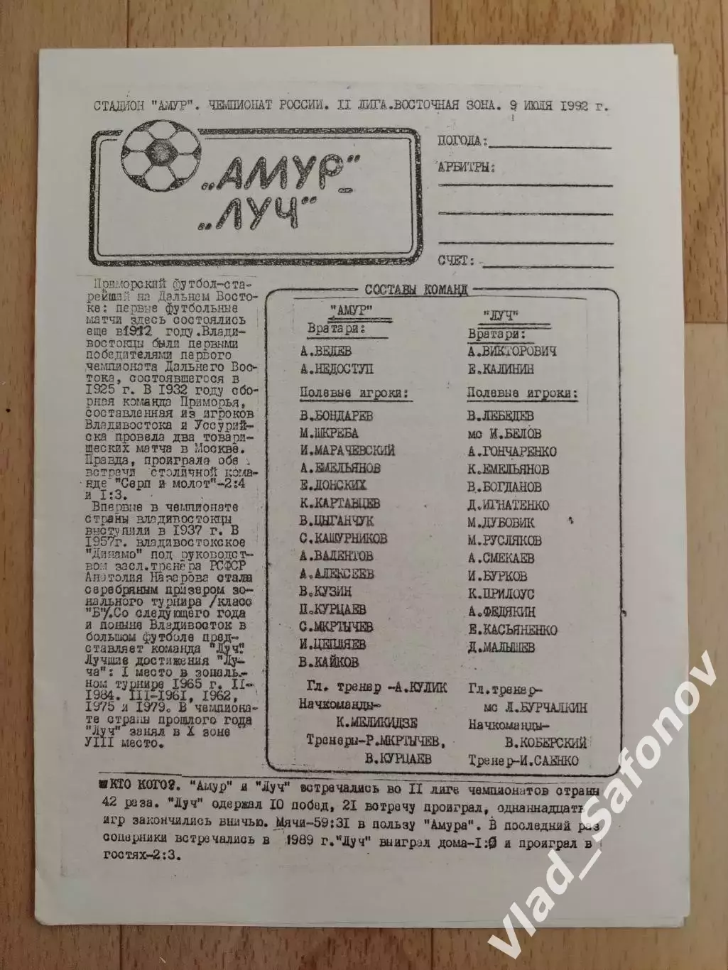 Амур(Благовещенск) - Луч(Владивосток). 2 лига. 09/07/1992.