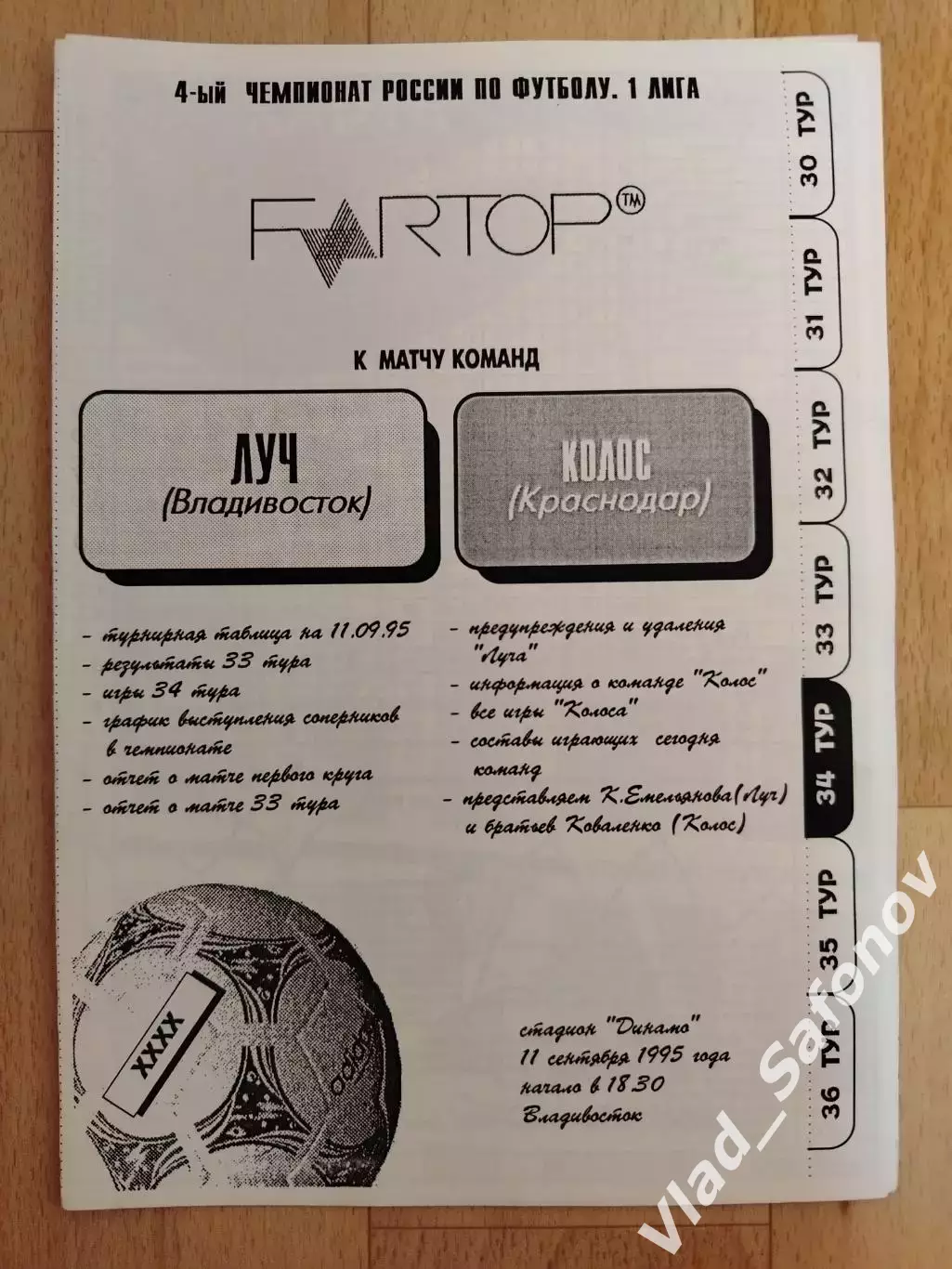 Луч(Владивосток) - Колос(Краснодар). 1 лига. 11/09/1995.