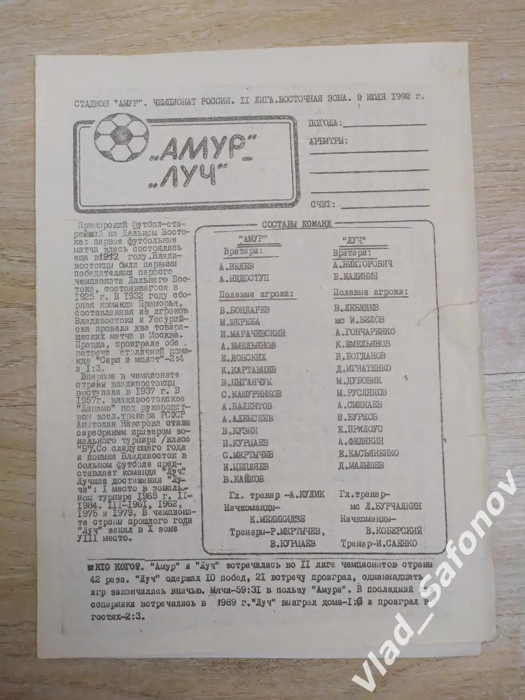 Амур(Благовещенск) - Луч(Владивосток). 1 лига. 09/07/1992