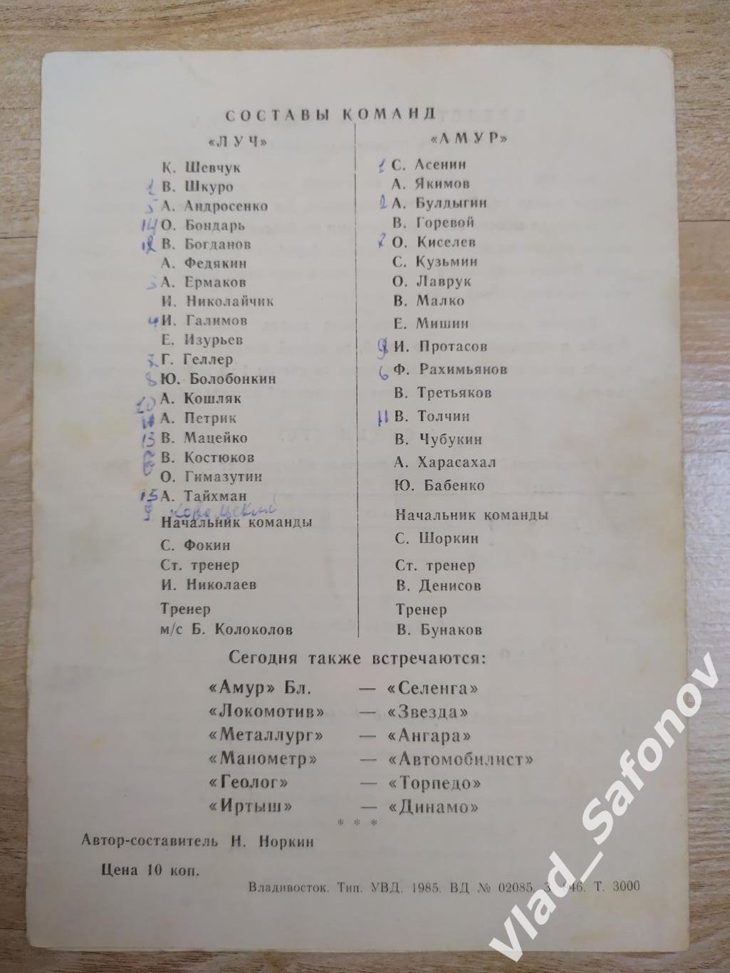 Луч(Владивосток) - Амур(Комсомольск-на-Амуре). 2 лига. 28/08/1985 1