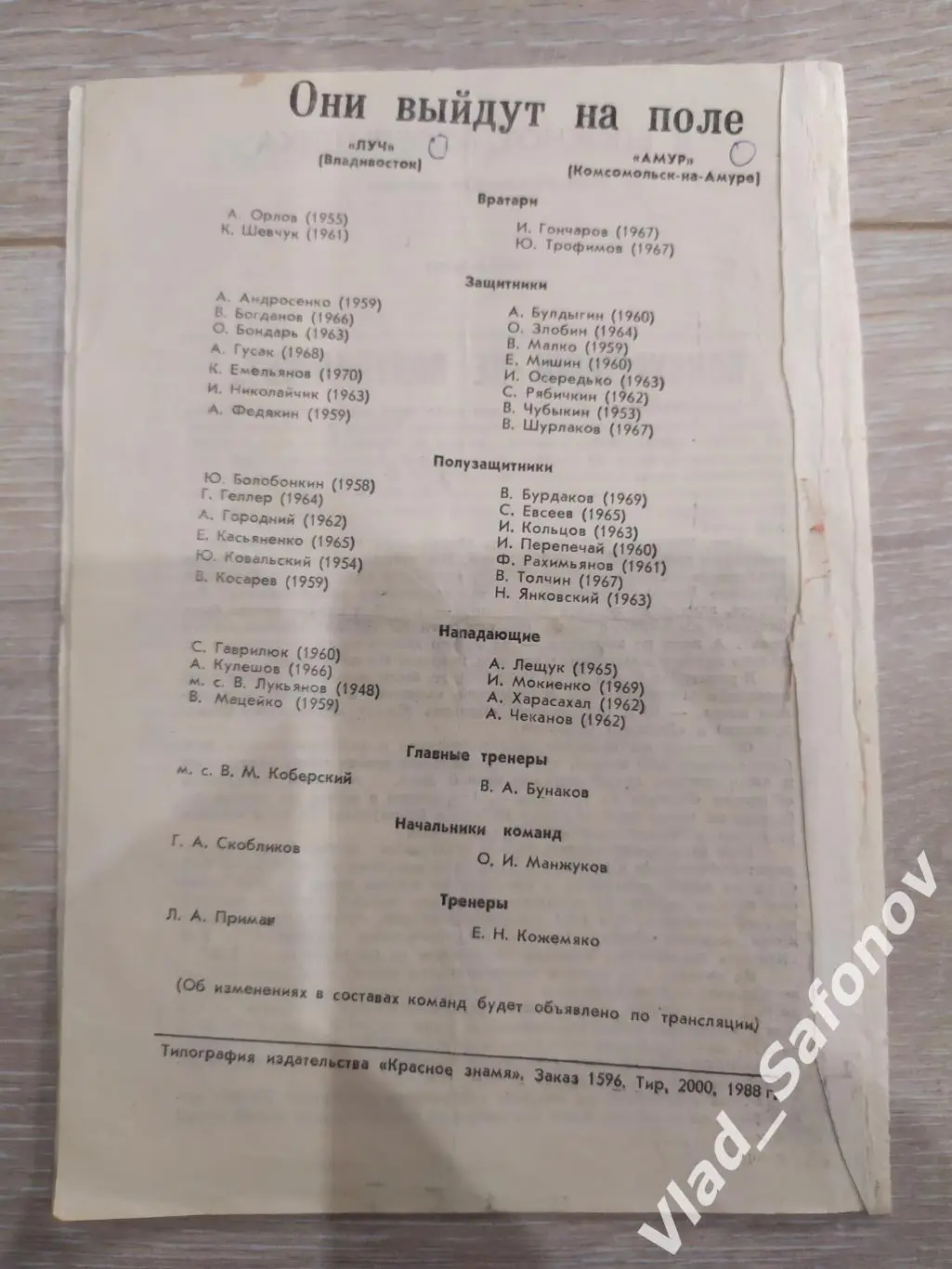 Луч(Владивосток) - Амур(Комсомольск-на-Амуре). 2 лига. 30/08/1988 1