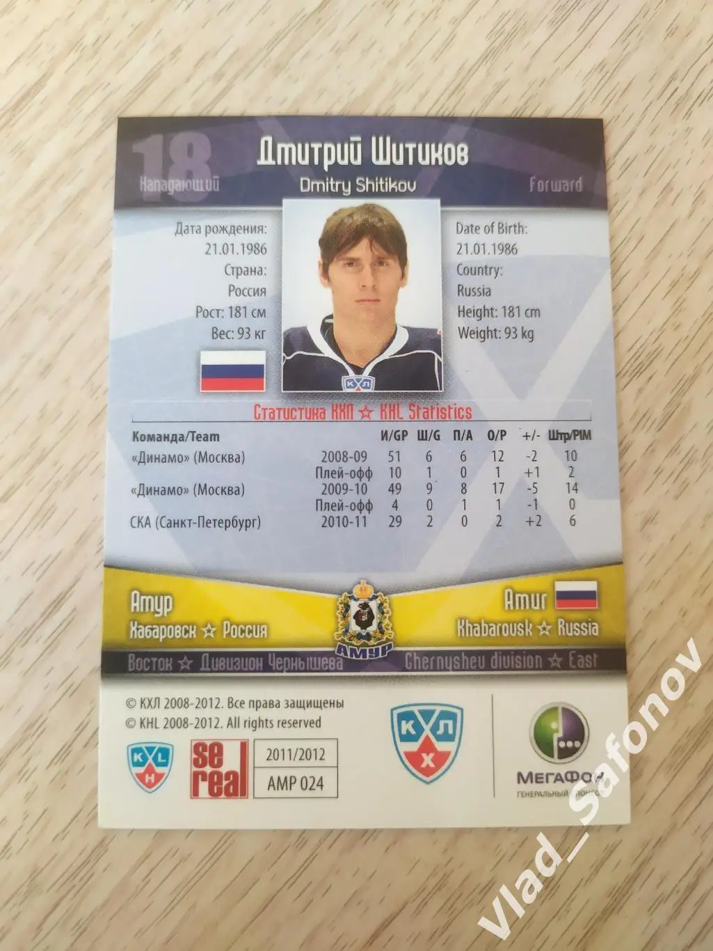 Карточка. Дмитрий Шитиков. Амур(Хабаровск) 2011/2012. КХЛ. 1
