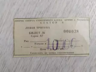 Билет. Хоккей с мячом. Левая трибуна. Ска(Хабаровск).