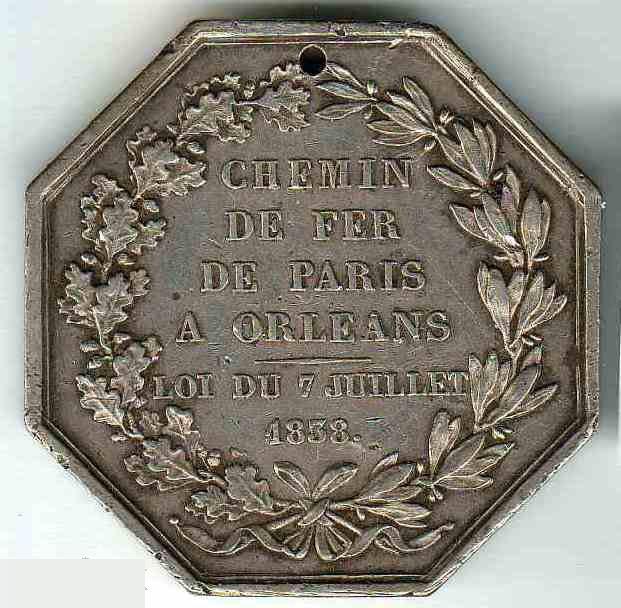 Медаль, ЖД, Железная Дорога, из Парижа в Орлеан, Париж, Орлеан, Серебро, 1838 год, 36х36 мм. 1