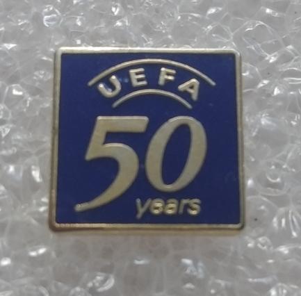 Значки, Спорт, Футбол, Юбилей, 50 лет UEFA, тяжелый металл, эмаль,14х14 мм, на обратной стороне 1954