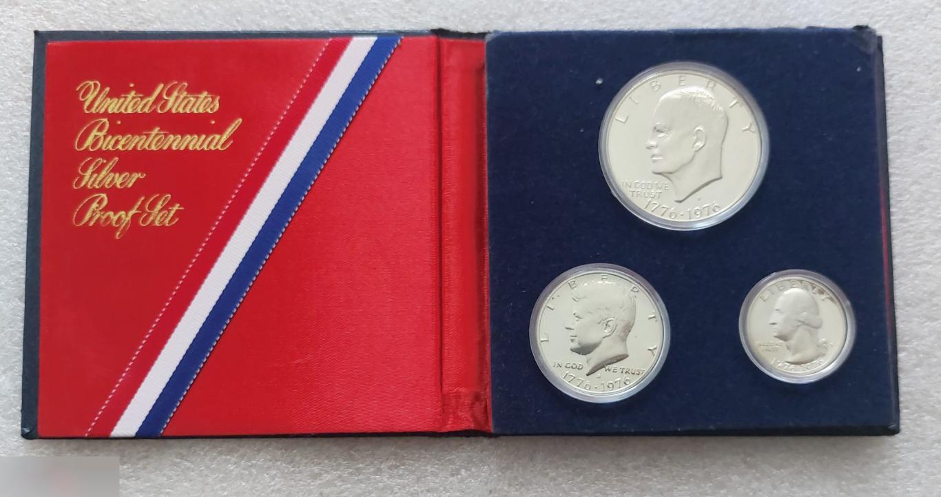 Монета, Америка, США, USA, Dollar, Доллар, Свобода, Liberty, 200 лет, 1976 год, Серебро, Набор, 3 шт