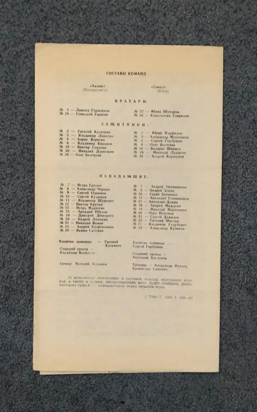 Химик Воскресенск - Сокол Киев, 30.01.1983 1