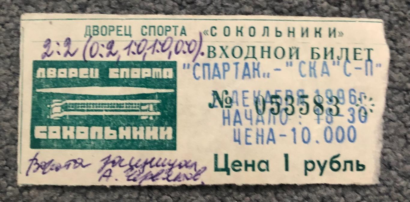 Билет Спартак Москва - СКА Санкт-Петербург, 02.12.1996