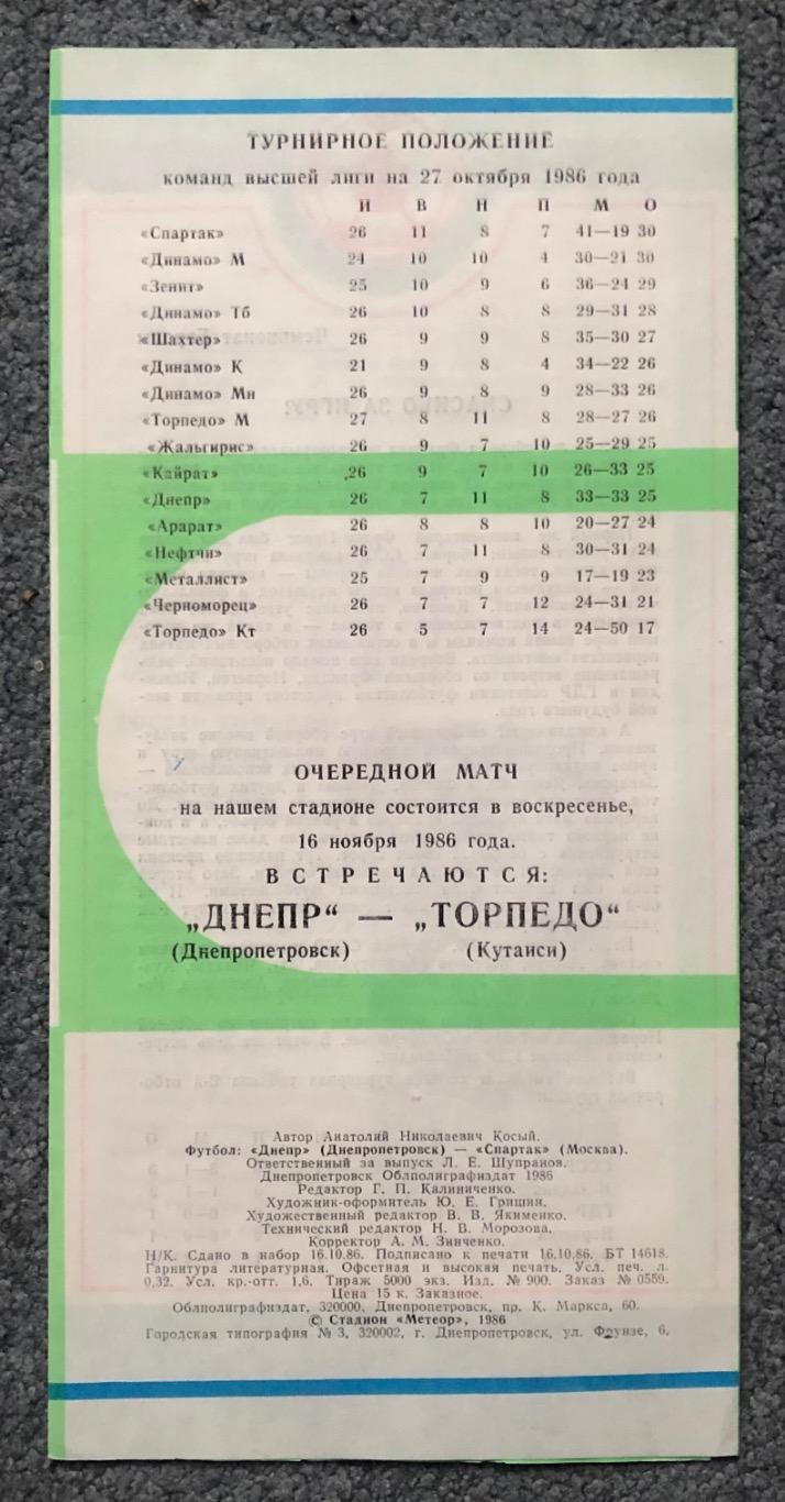 Днепр Днепропетровск - Спартак Москва, 27.10.1986, Кубок Федерации 1