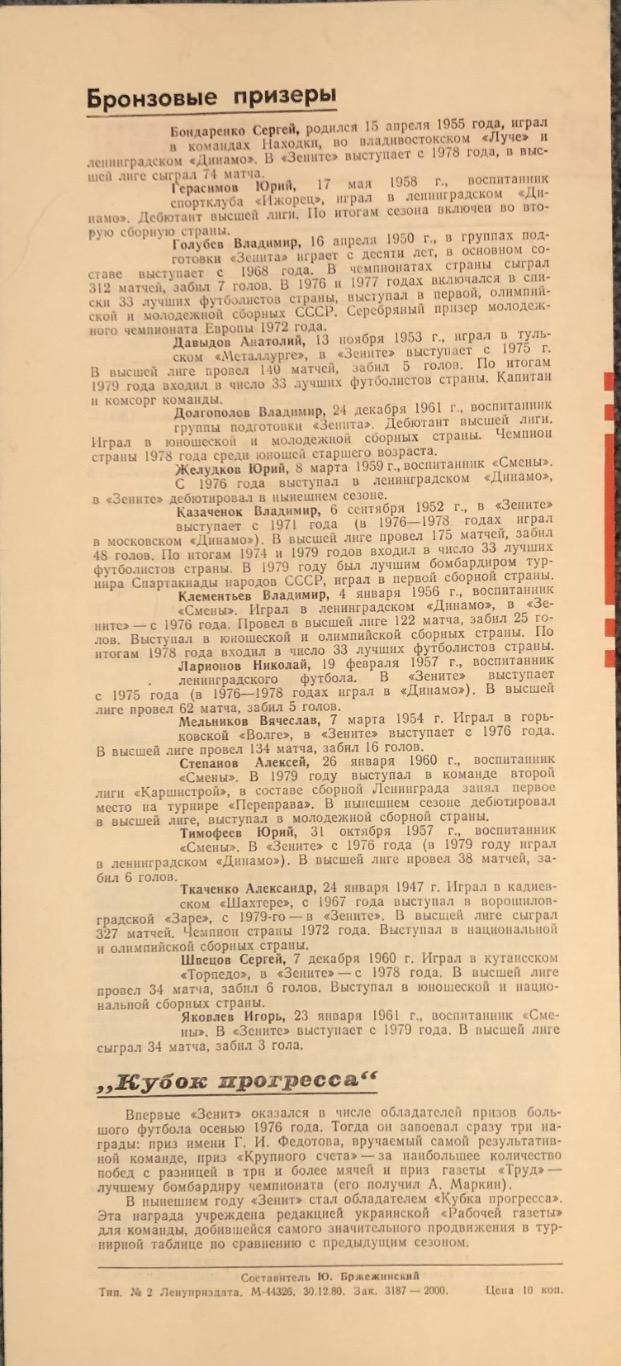 Зенит 1980, Вечер Награждение бронзового призера Зенит Ленинград, 08.01.1981 2