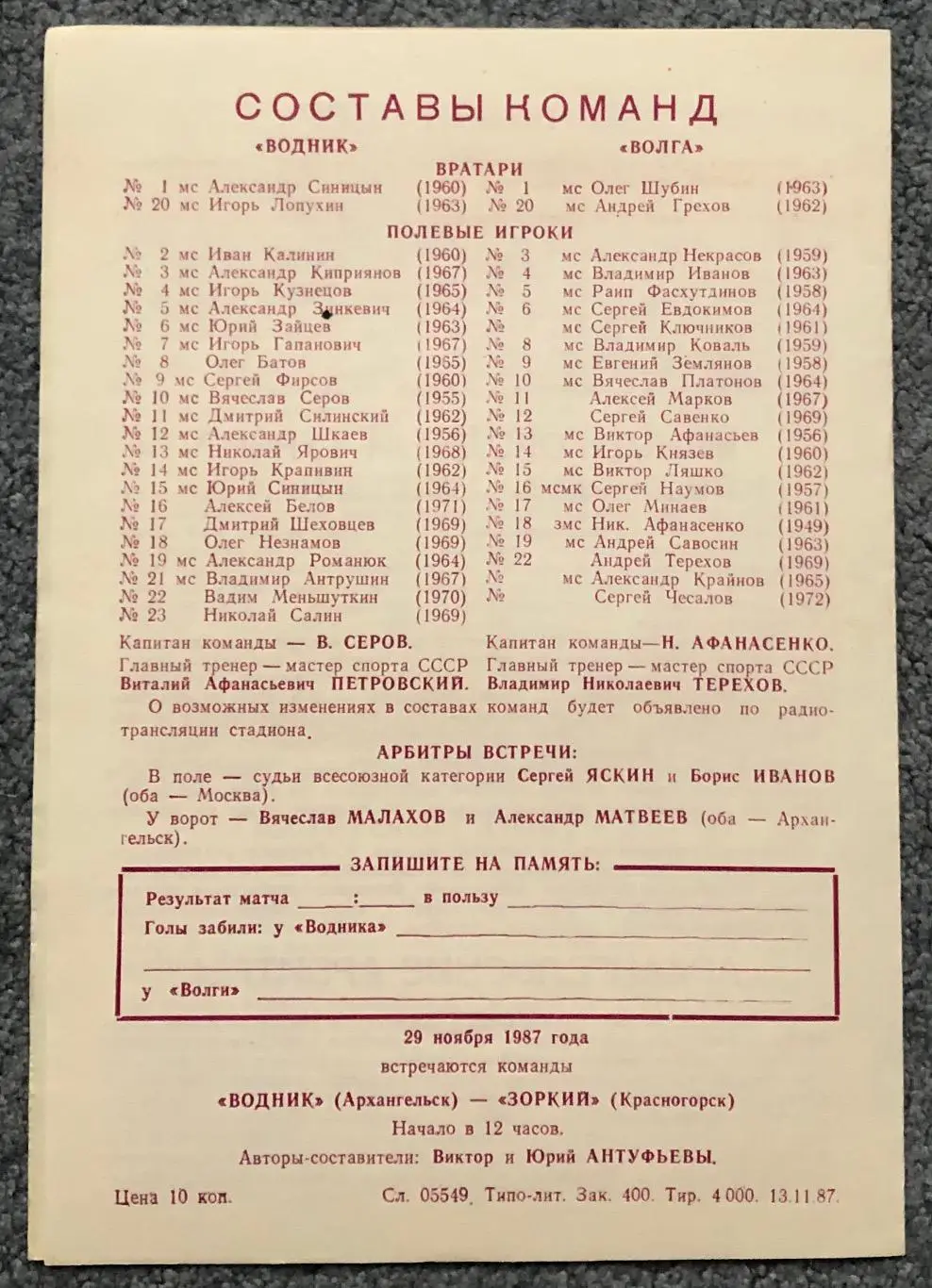 Водник Архангельск - Волга Ульяновск, 25.11.1987 1