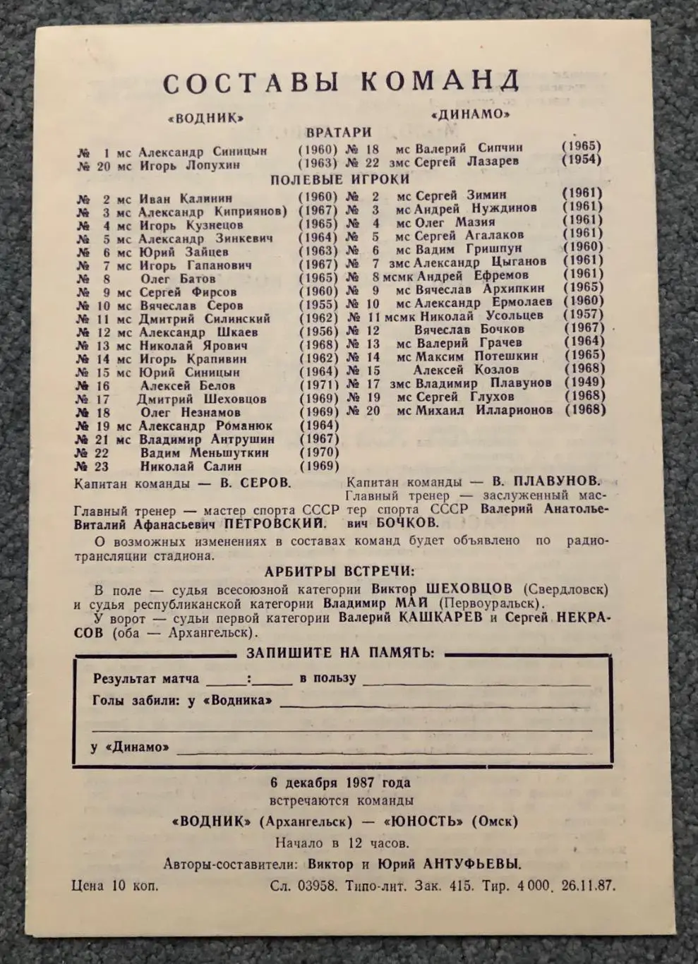 Водник Архангельск - Динамо Москва, 02.12.1987 1