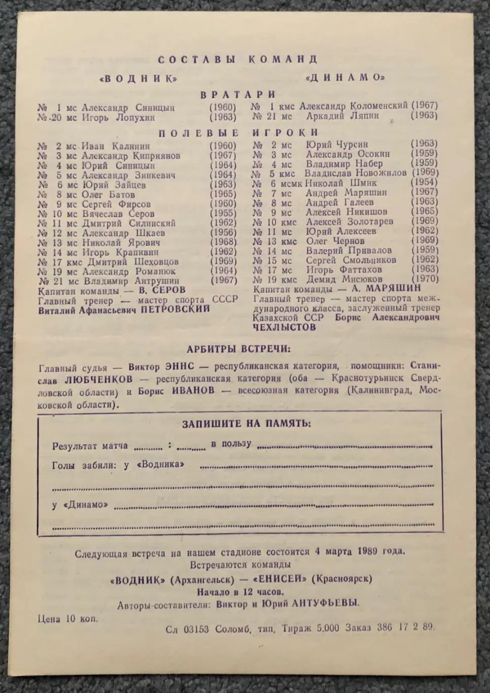 Водник Архангельск - Динамо Алма-Ата, 28.02.1989 1