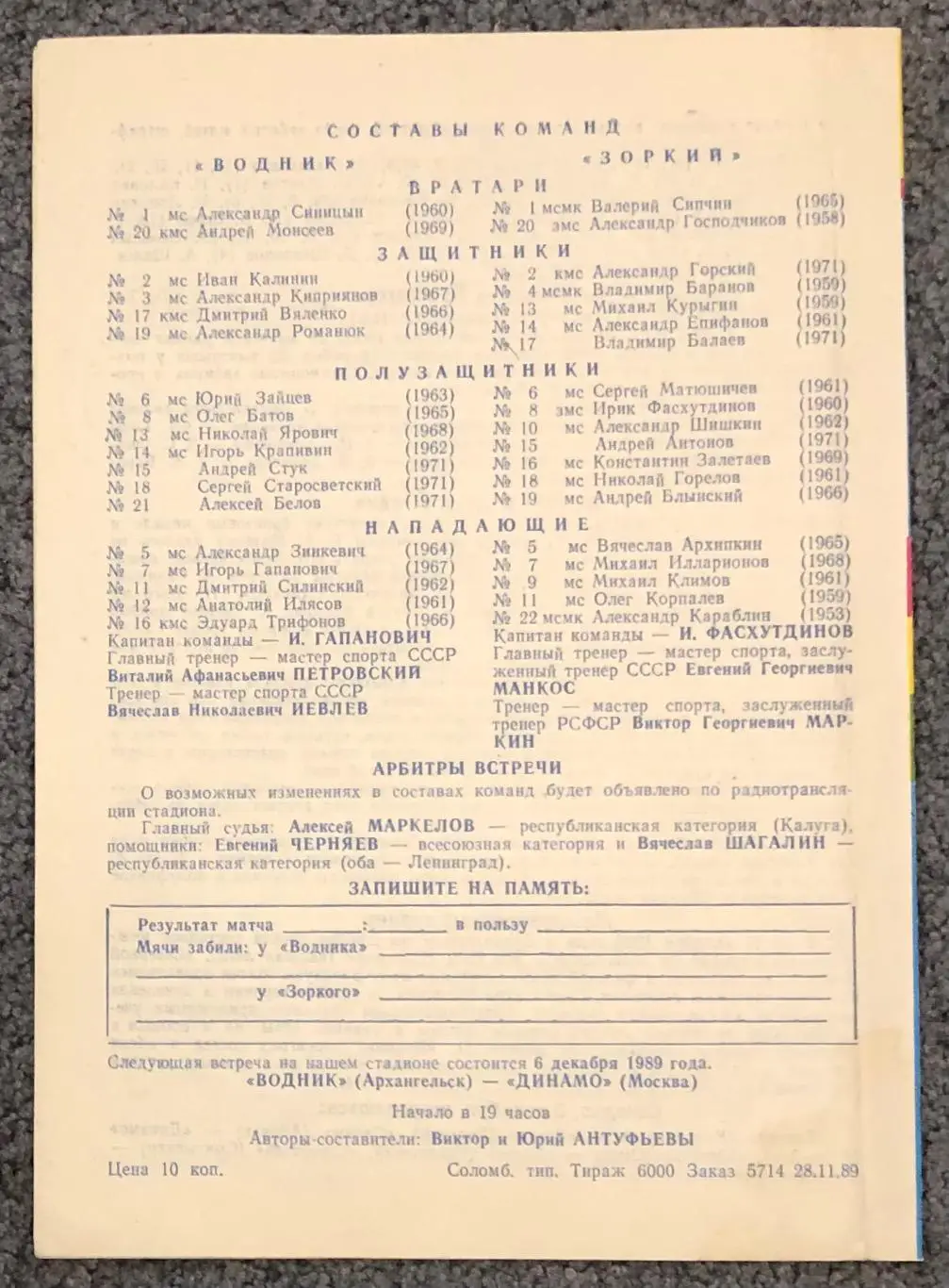 Водник Архангельск - Зоркий Красногорск, 03.12.1989 1