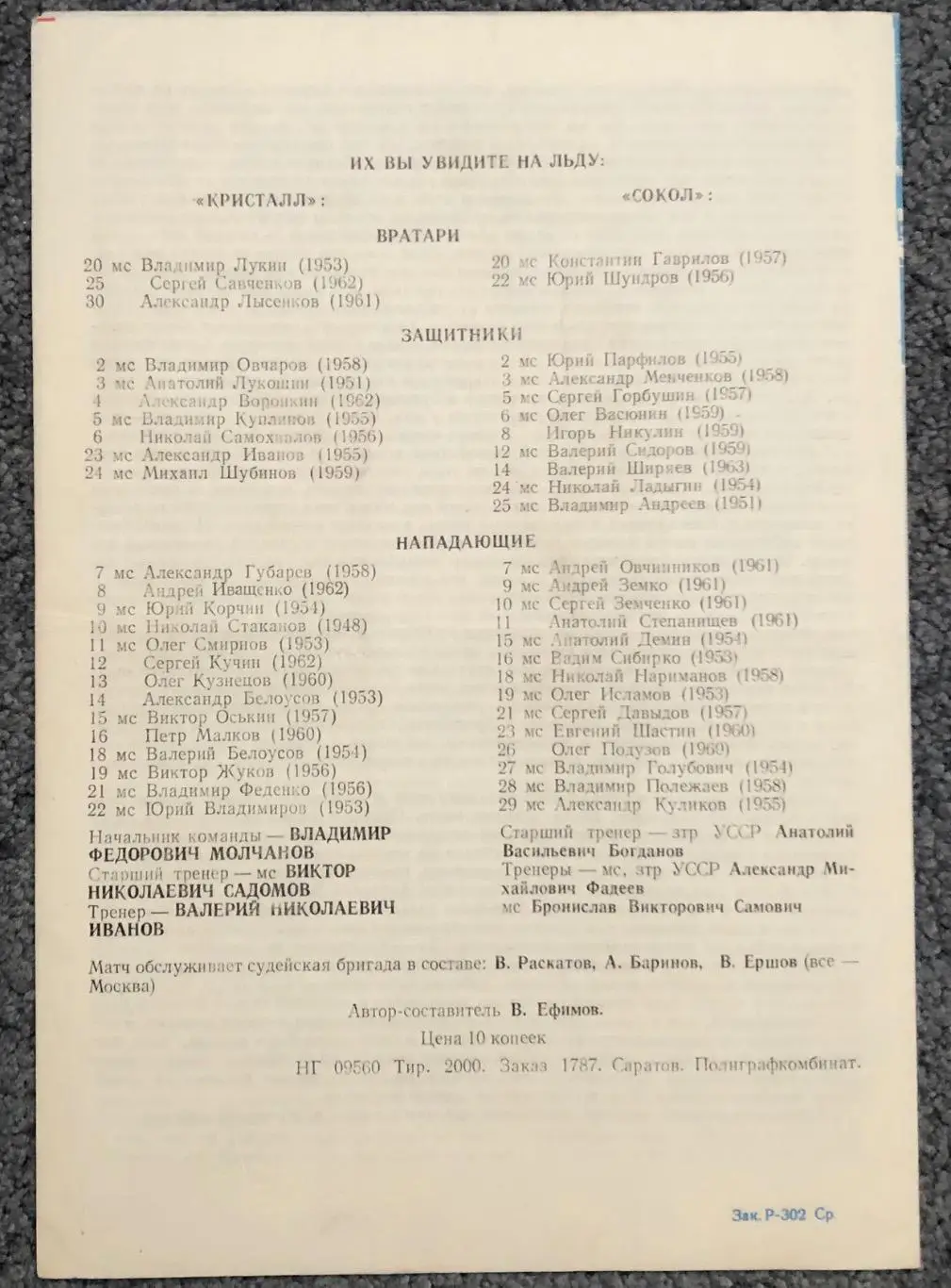 Кристалл Саратов - Сокол Киев, 31.10.1981, Брак печати 4