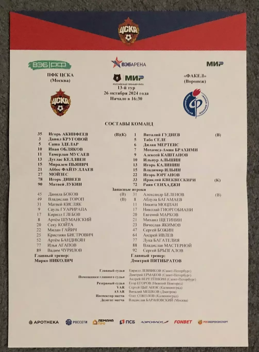 Стартовый Протокол ЦСКА - Факел Воронеж, 26.10.2024