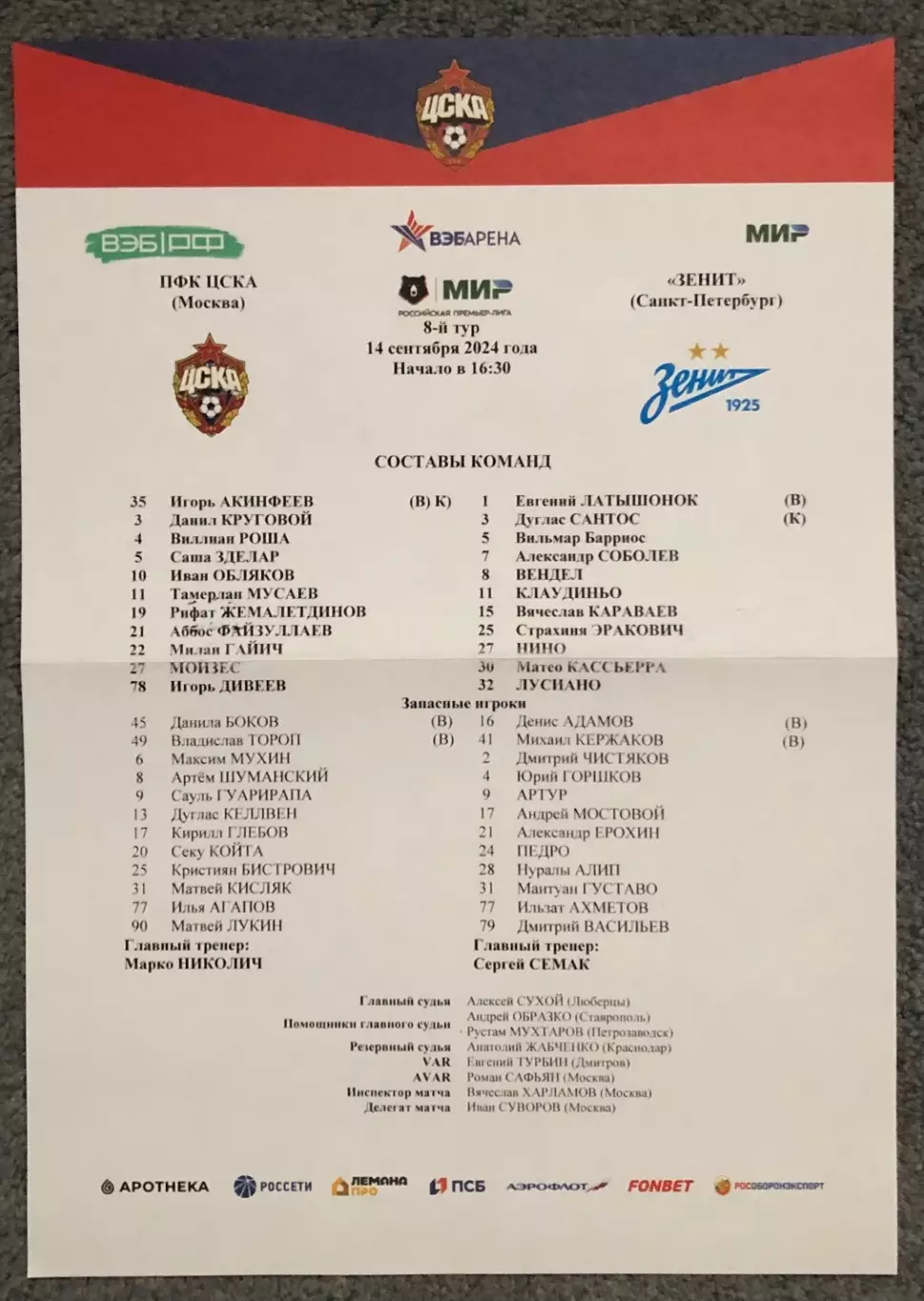 Стартовый протокол ЦСКА - Зенит Санкт-Петербург, 14.09.2024