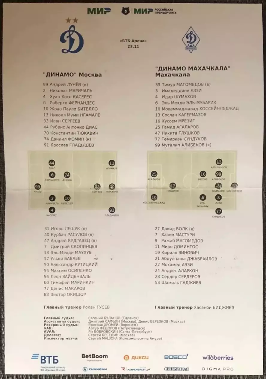 Динамо Москва - Динамо Махачкала, 23.11.2025 + Стартовый Протокол 7