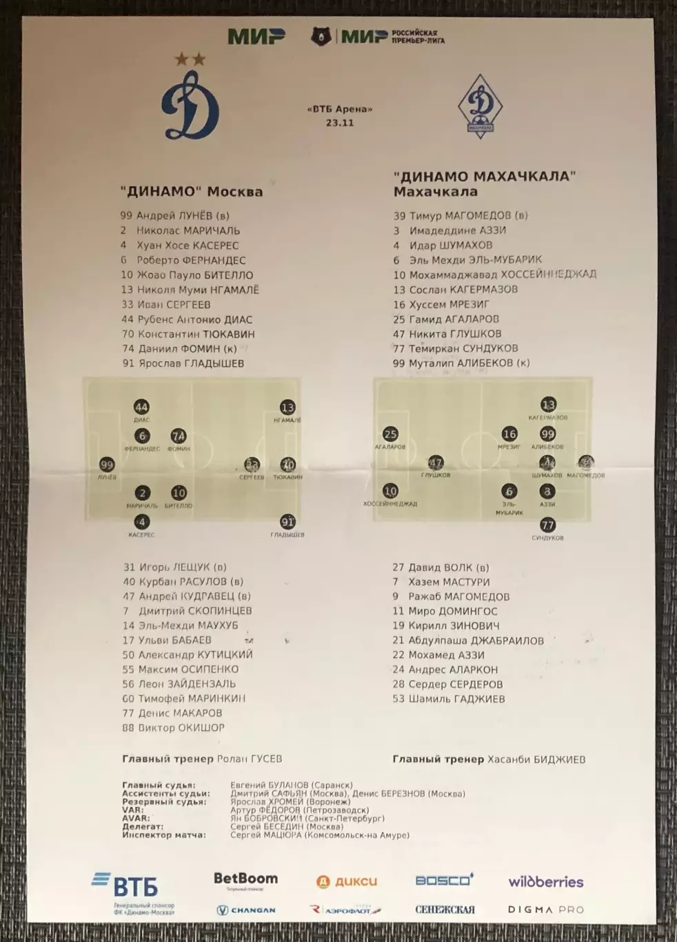 Стартовый Протокол Динамо Москва - Динамо Махачкала, 23.11.2025