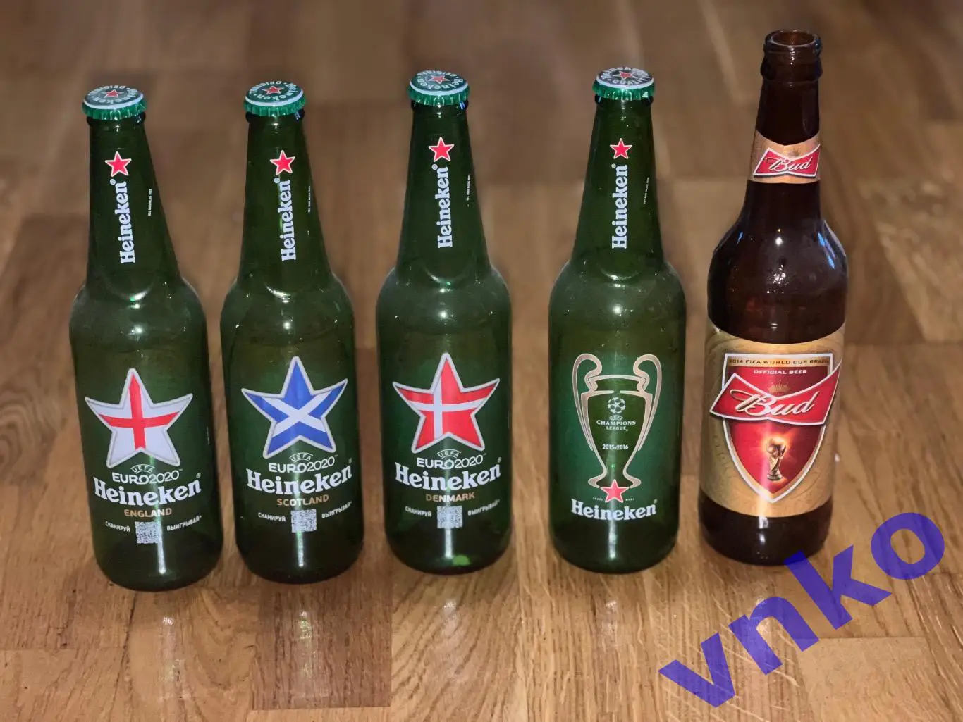 5 пивных бутылок - Heineken 4 шт и Bud 1 шт. Футбол Euro 2020, Лига Чемпионов 16