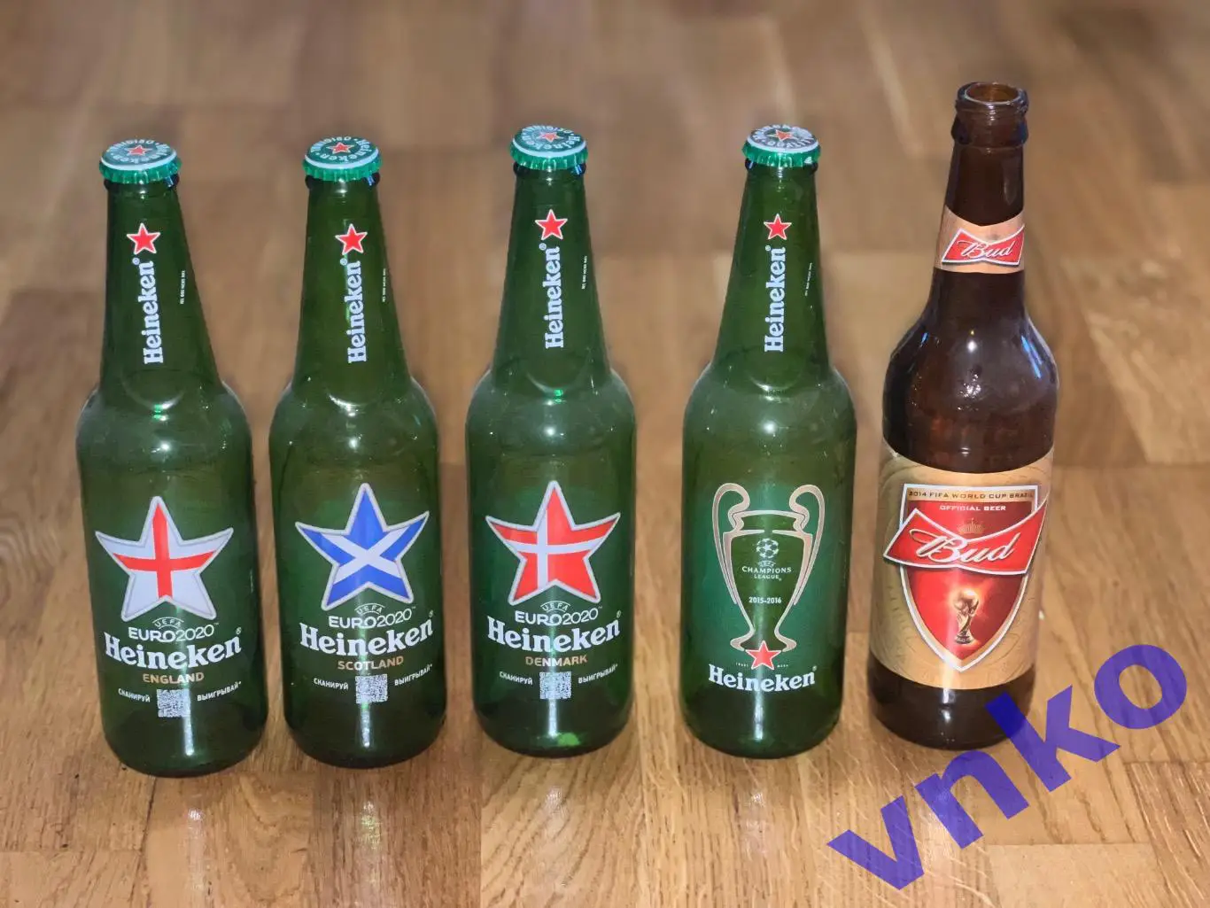 5 пивных бутылок - Heineken 4 шт и Bud 1 шт. Футбол Euro 2020, Лига Чемпионов 16 1