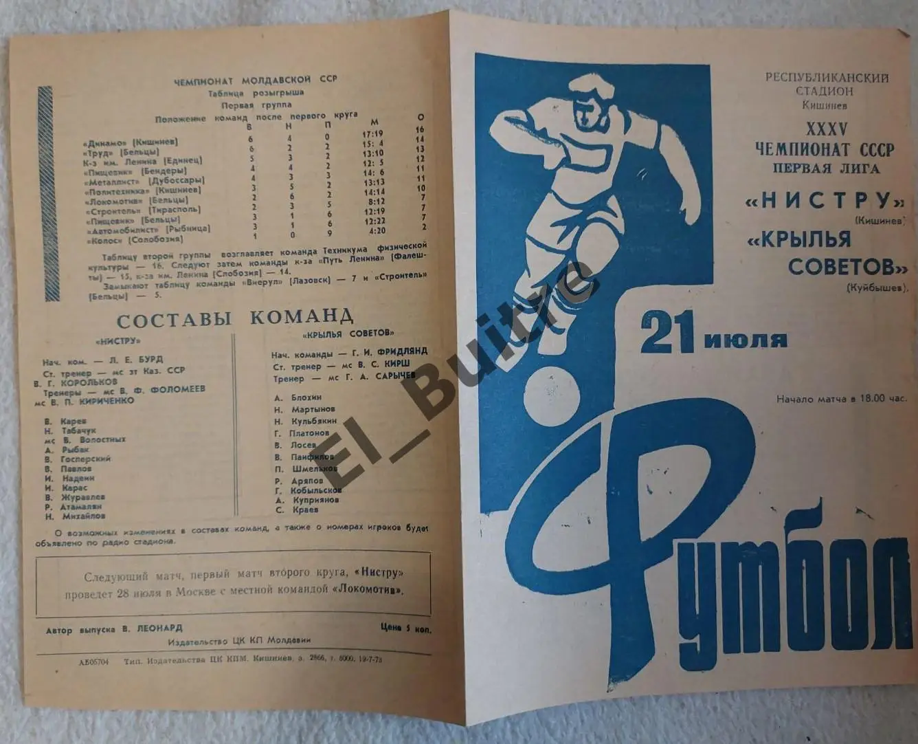 1973. Нистру (Кишинев) - Крылья Советов (Куйбышев). Чемпионат СССР.