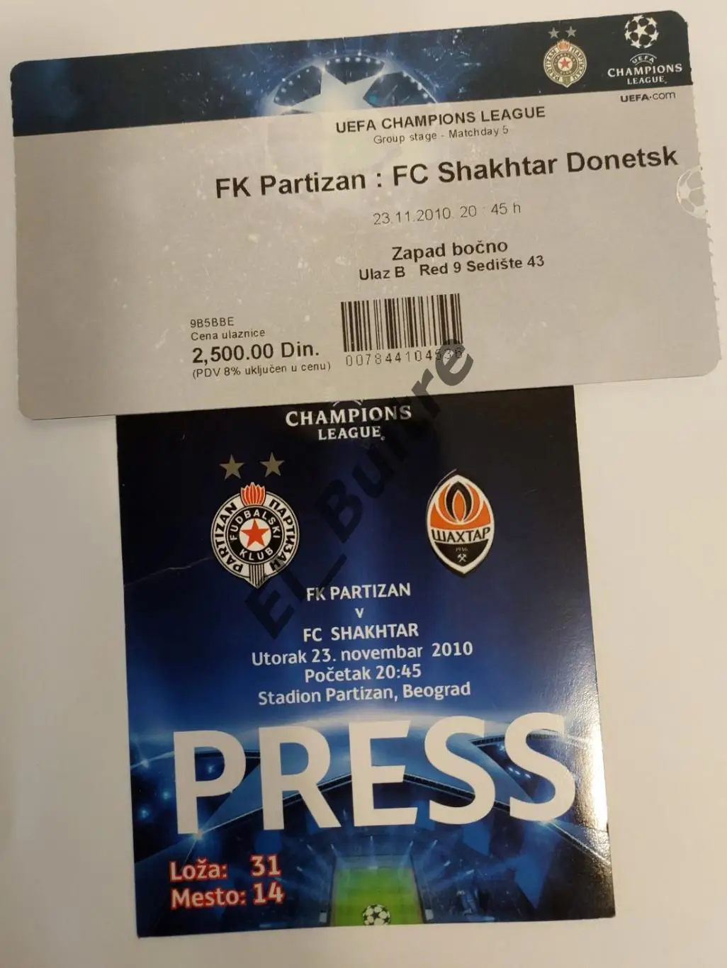 23.11.2010. Билет + пресса. Партизан (Белград) - Шахтер (Донецк). Лига Чемпионов