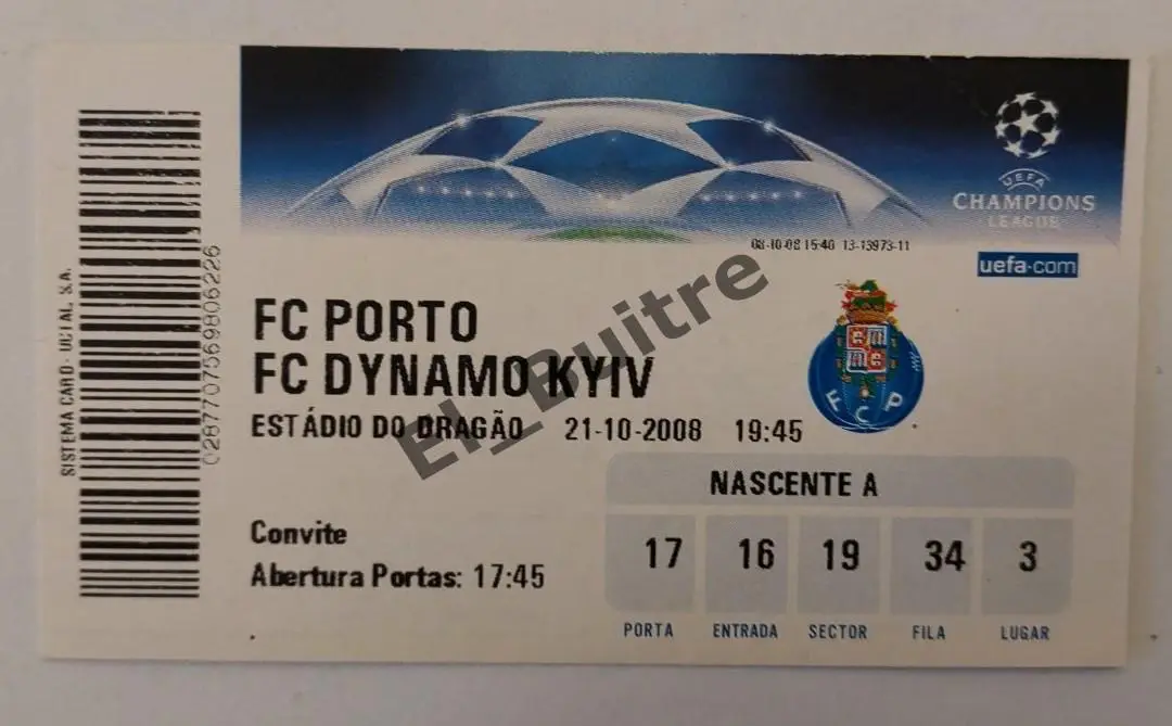 21.10.2008. Билет. Порто (Португалия) - Динамо (Киев). Лига Чемпионов