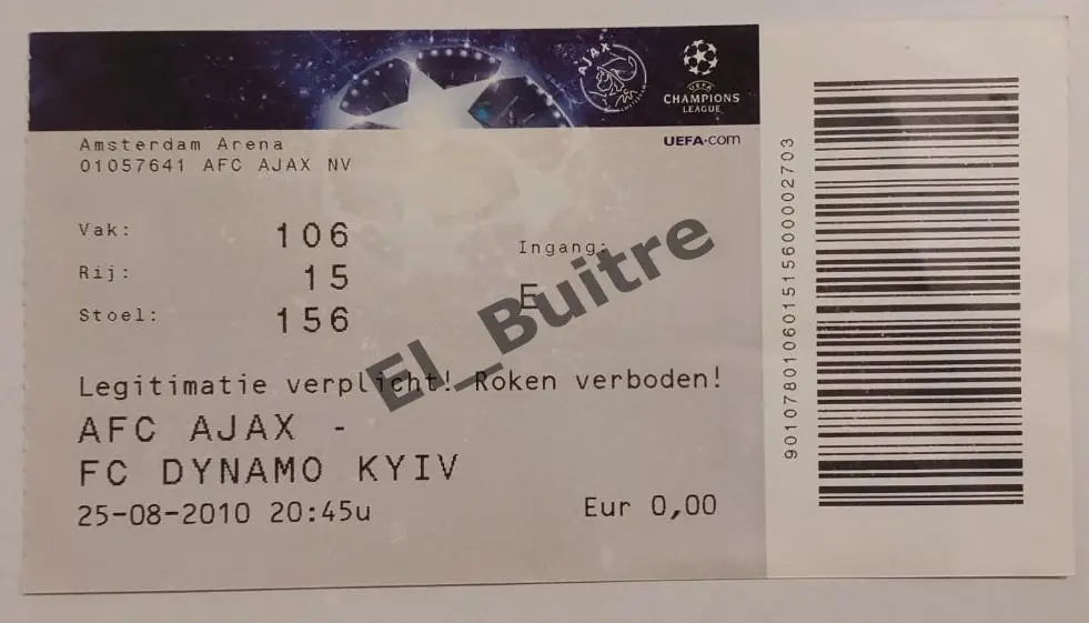 25.08.2010. Билет. Аякс (Амстердам, Нидерланды) - Динамо (Киев). Лига Чемпионов.