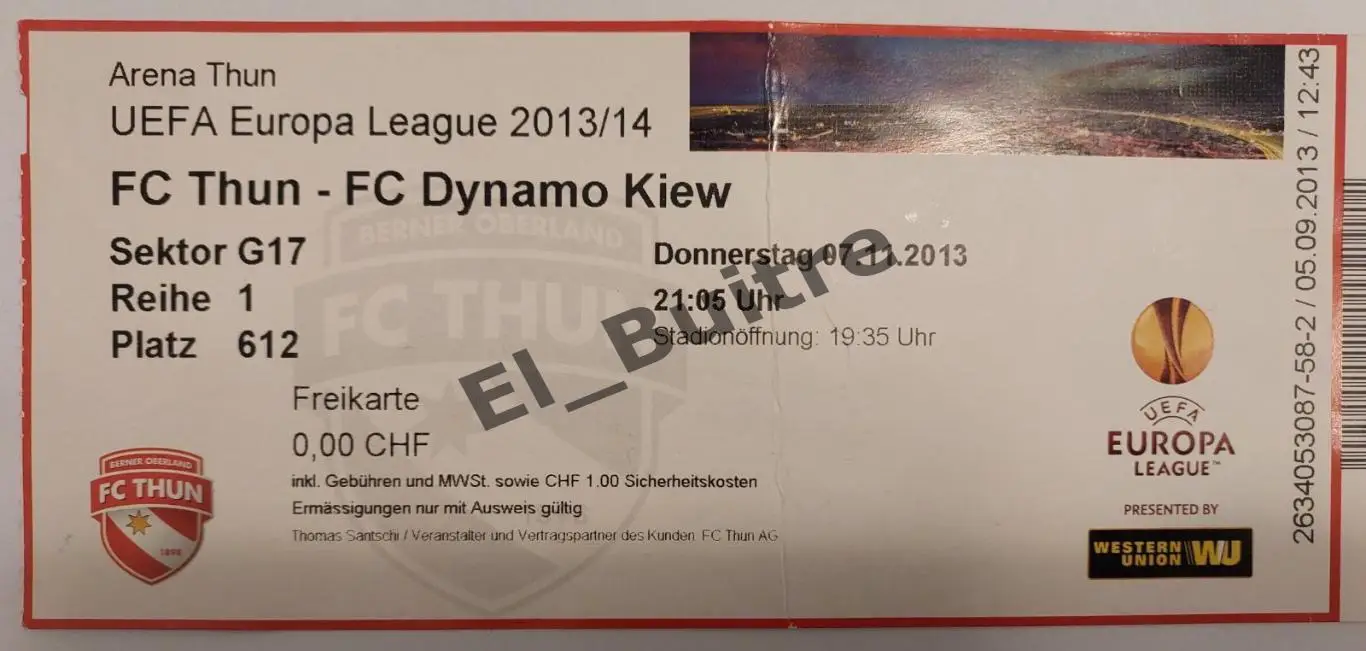 07.11.2013. Билет. Тун (Швейцария) - Динамо (Киев). Лига Европы.