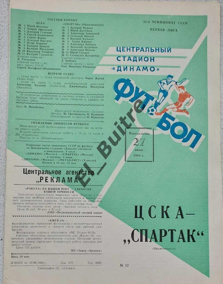 27.06.1988. ЦСКА (Москва) - Спартак (Орджоникидзе). Чемпионат СССР. 1 лига.