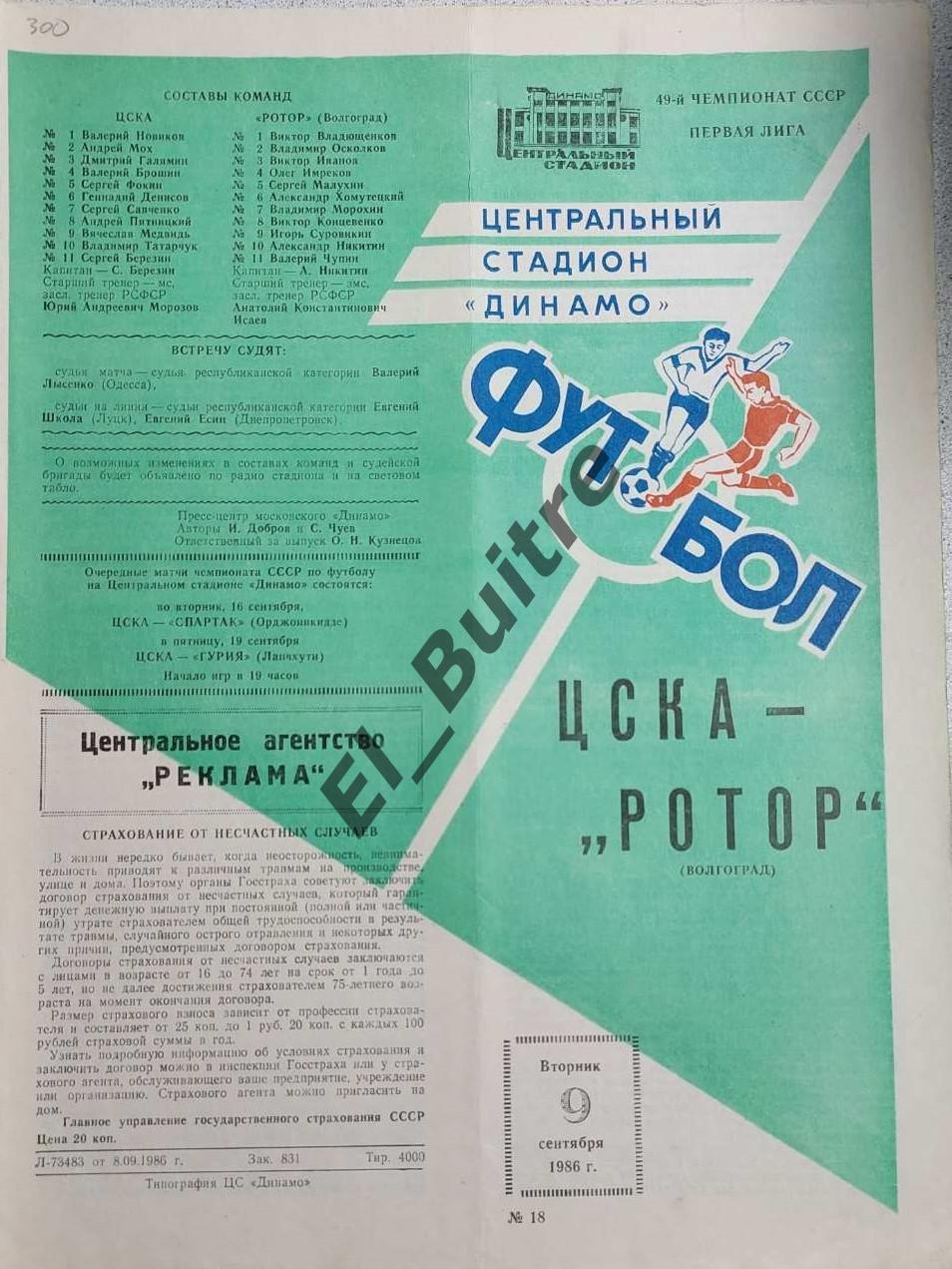 09.09.1986. ЦСКА (Москва) - Ротор (Волгоград). Чемпионат СССР. 1 лига.