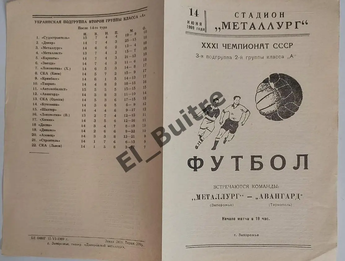 14.06.1969. Металлург (Запорожье) - Авангард (Тернополь). Чемпионат СССР.