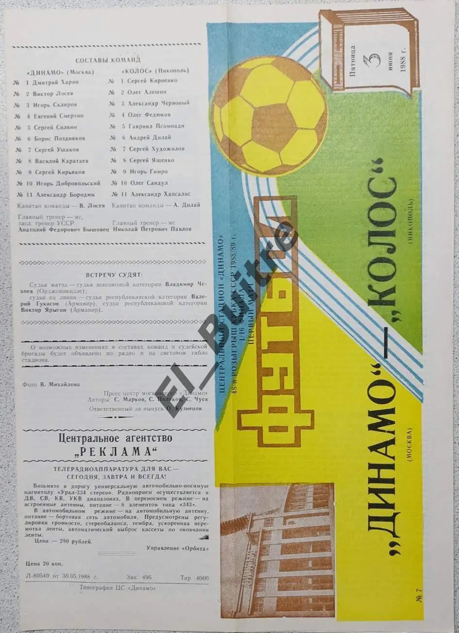 03.06.1988. Динамо (Москва) - Колос (Никополь). Кубок СССР.