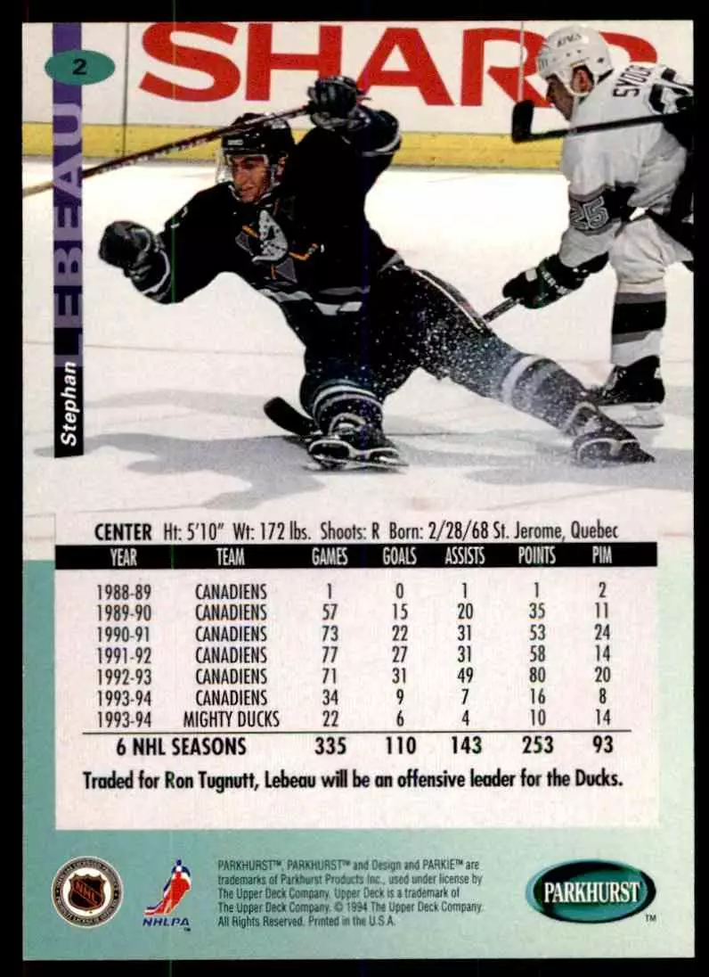 1994-95 UD Parkhurst # 2 Stephan Lebeau 1