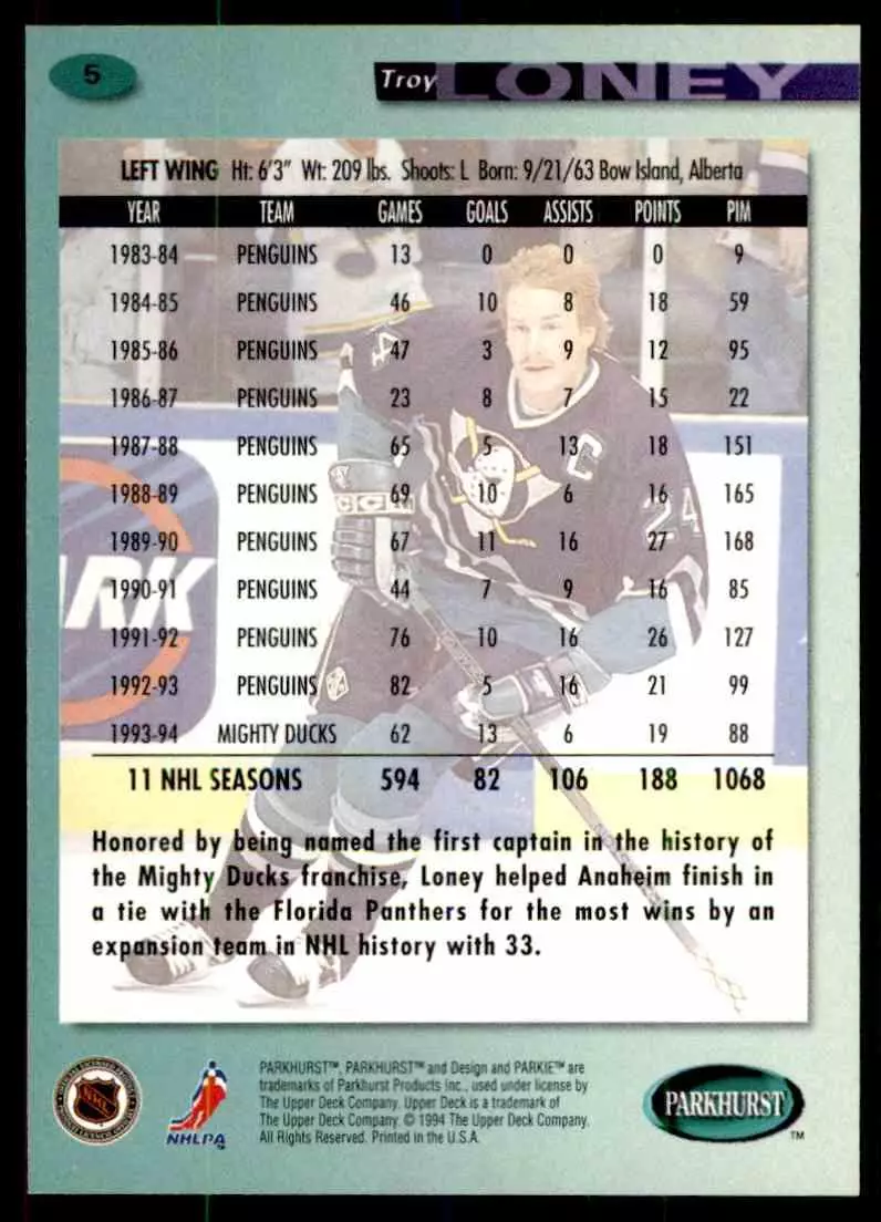 1994-95 UD Parkhurst # 5 Troy Loney 1