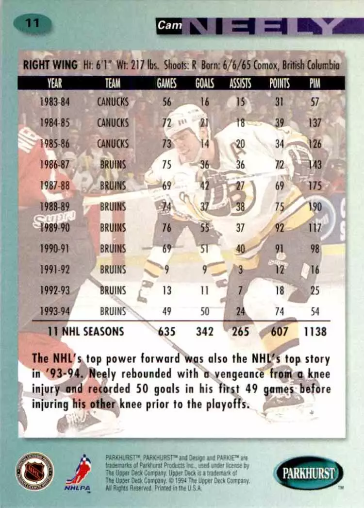 1994-95 UD Parkhurst # 11 Cam Neely 1
