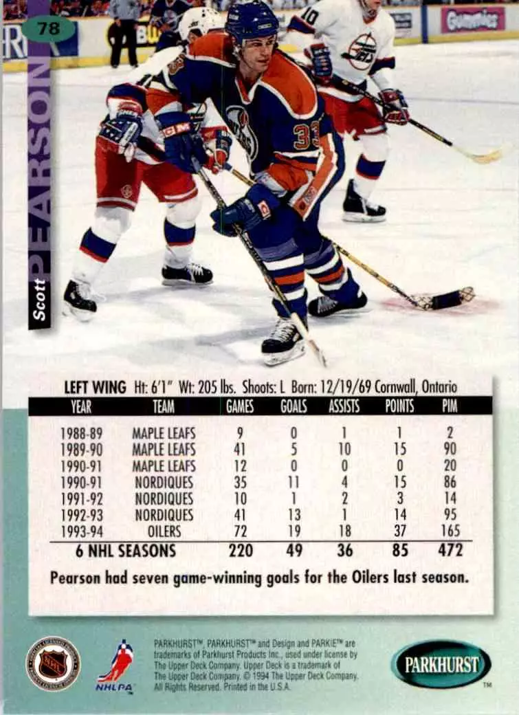 1994-95 UD Parkhurst # 78 Scott Pearson 1