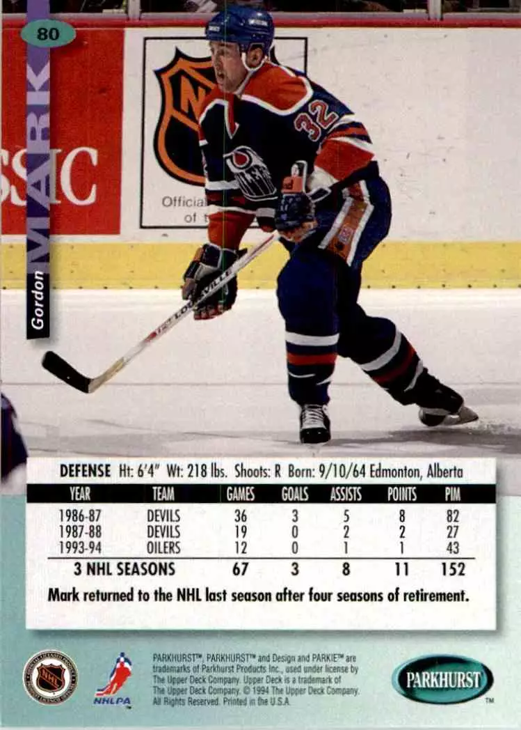 1994-95 UD Parkhurst # 80 Gordon Mark 1