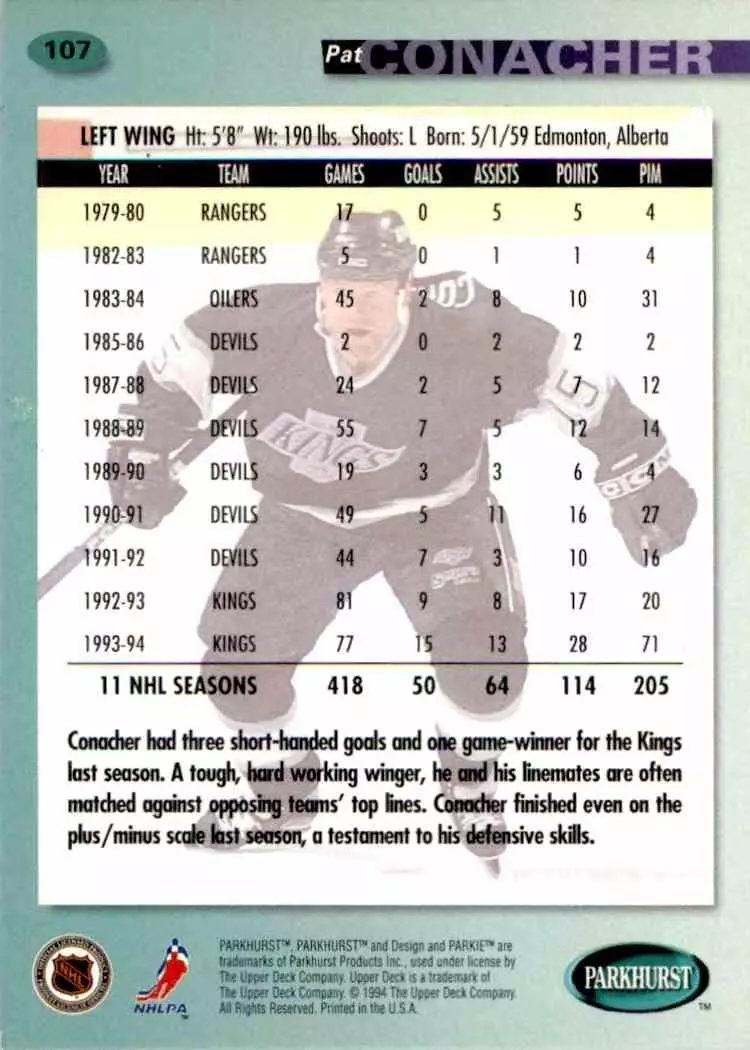 1994-95 UD Parkhurst # 107 Pat Conacher 1