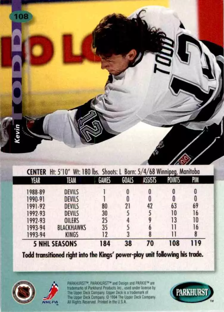 1994-95 UD Parkhurst # 108 Kevin Todd 1