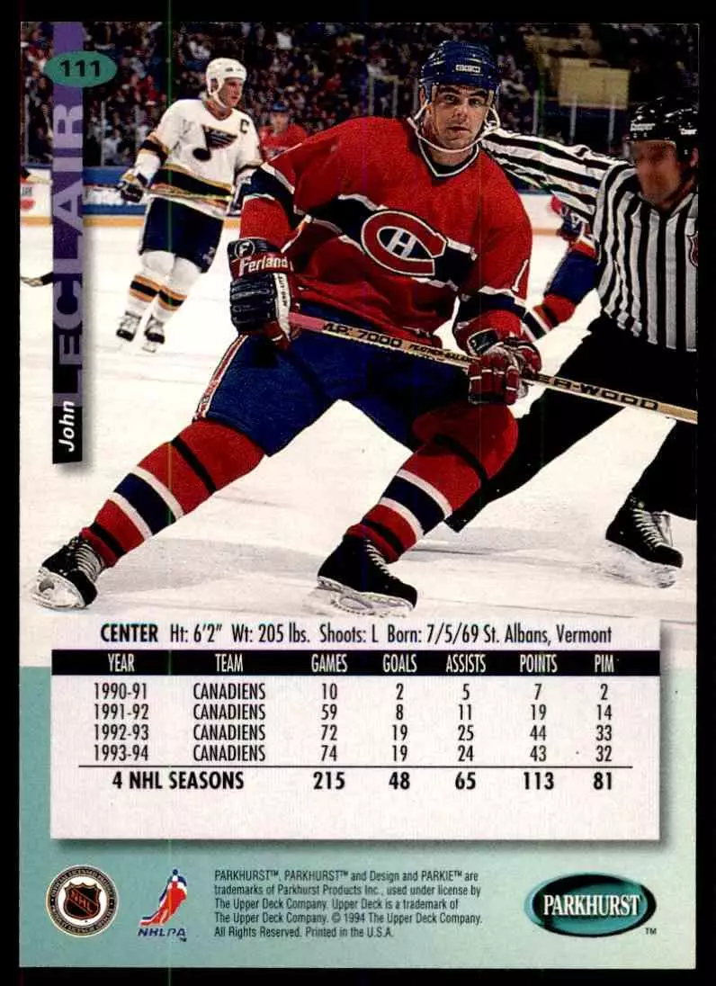 1994-95 UD Parkhurst # 111 John LeClair 1