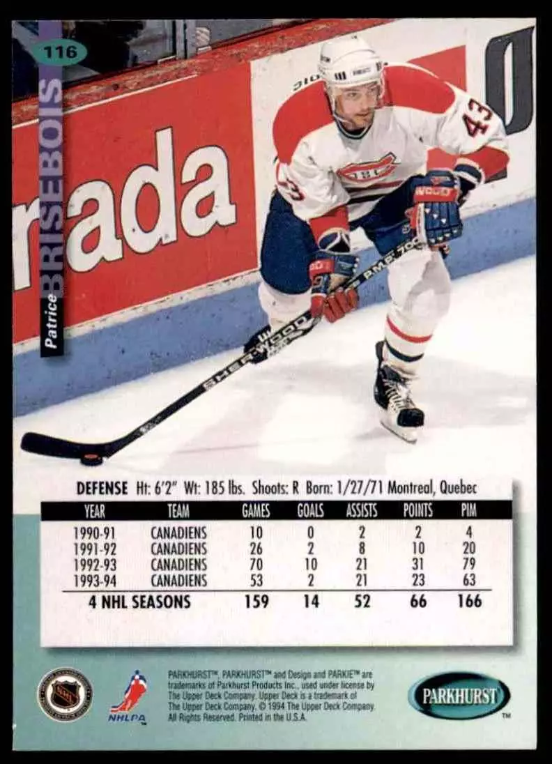 1994-95 UD Parkhurst # 116 Patrice Brisebois 1