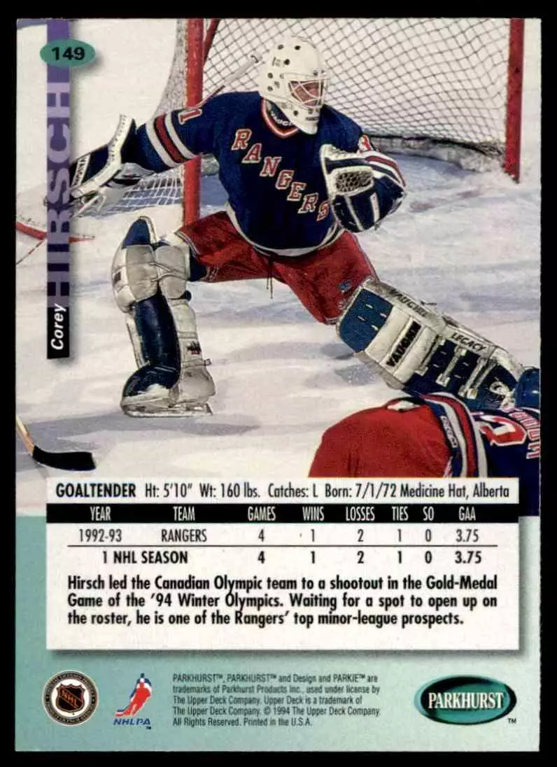 1994-95 UD Parkhurst # 149 Corey Hirsch 1