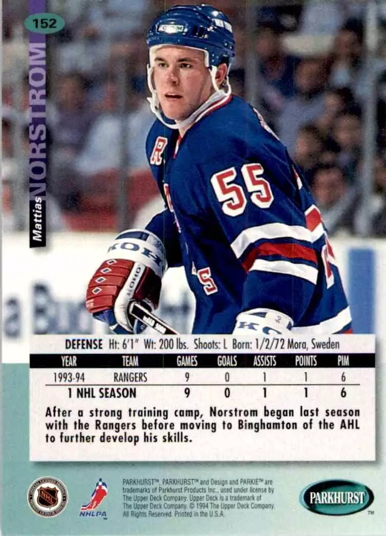 1994-95 UD Parkhurst # 152 Mattias Norstrom 1